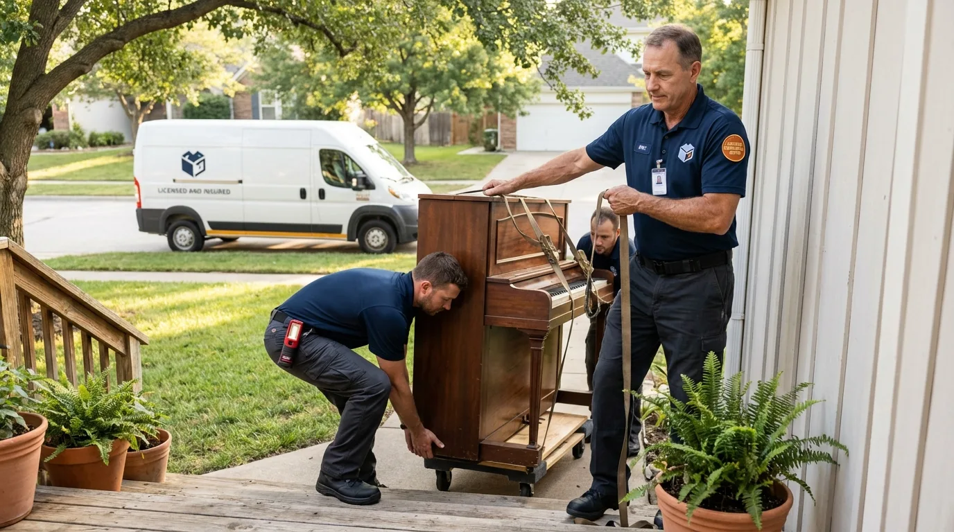 Licensed piano movers securing grand piano in Fanwood, NJ