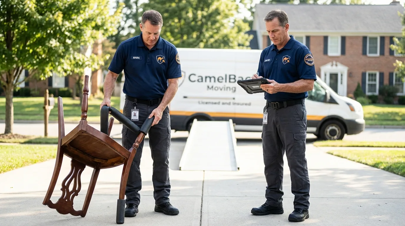 Movers inspecting furniture for damage prevention before loading in Fanwood, NJ