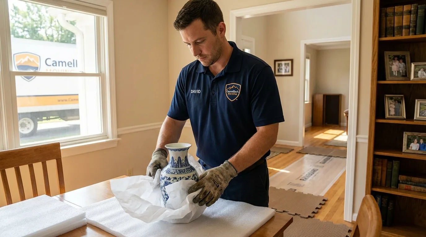 Professional crew carefully wrapping antique vase for senior downsizing move in Fanwood, NJ